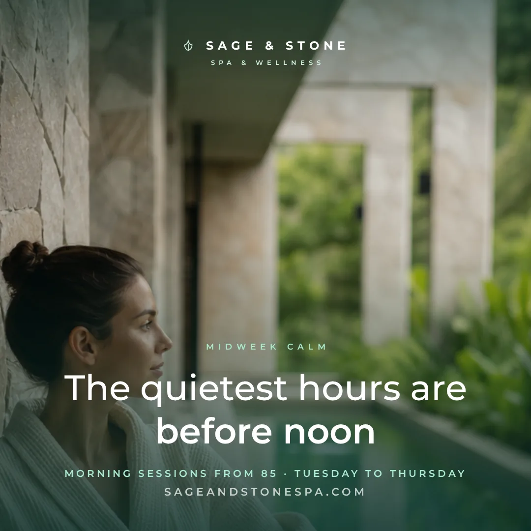 Sample photo offer post design for a fictional spa promoting quiet midweek mornings over a poolside photo